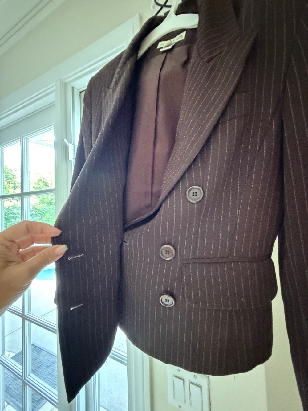 Ann Taylor Petites 2P Brown Pinstripe Double Breasted Blazer